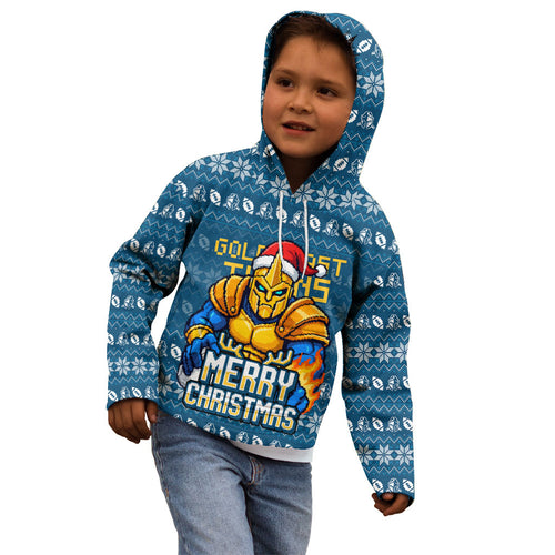 Personalized Gold Coast Titans Christmas Kid Hoodie Australian Rugby Fans - Pixelated Ugly Xmas Pattern Mascot Santa
