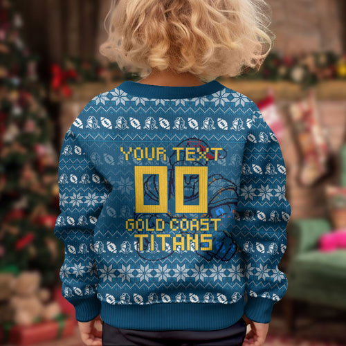 Personalized Gold Coast Titans Christmas Kid Ugly Christmas Sweater Australian Rugby Fans - Pixelated Ugly Xmas Pattern Mascot Santa
