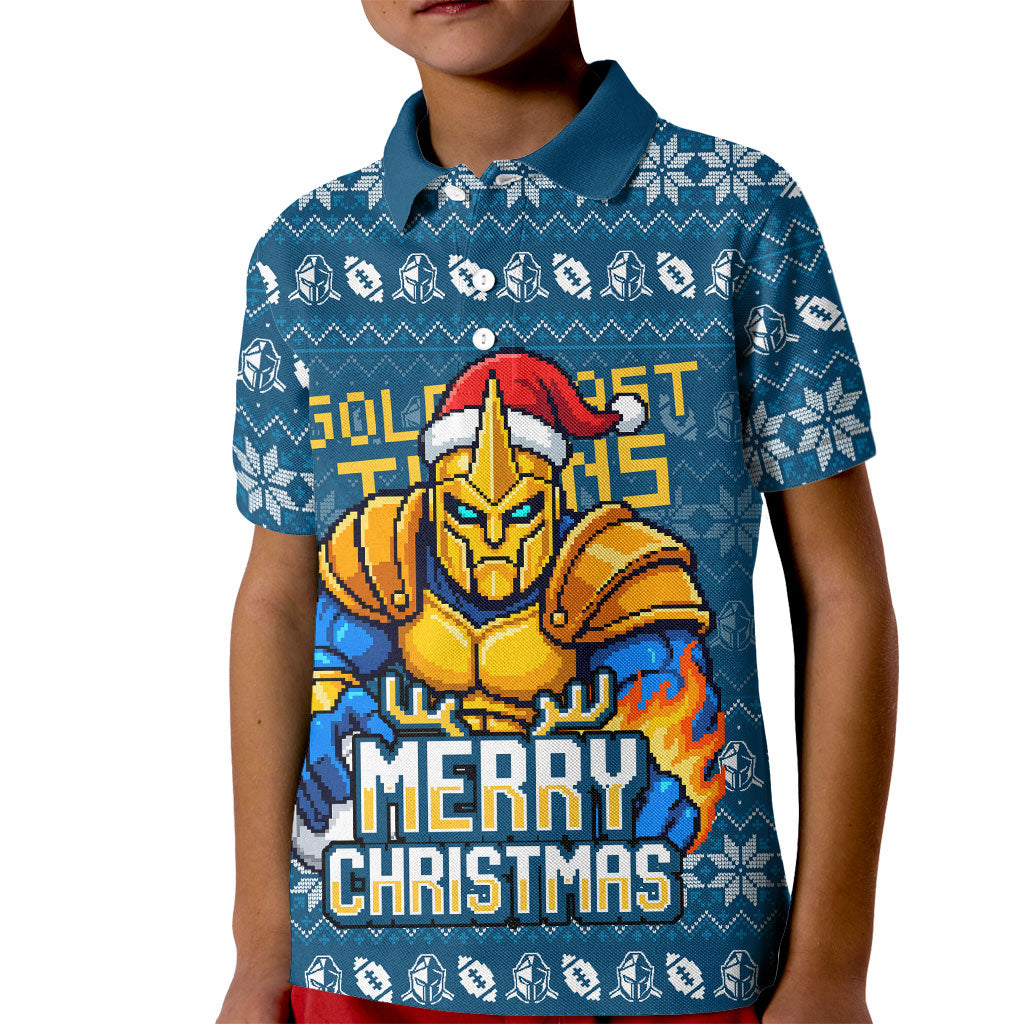Personalized Gold Coast Titans Christmas Kid Polo Shirt Australian Rugby Fans - Pixelated Ugly Xmas Pattern Mascot Santa