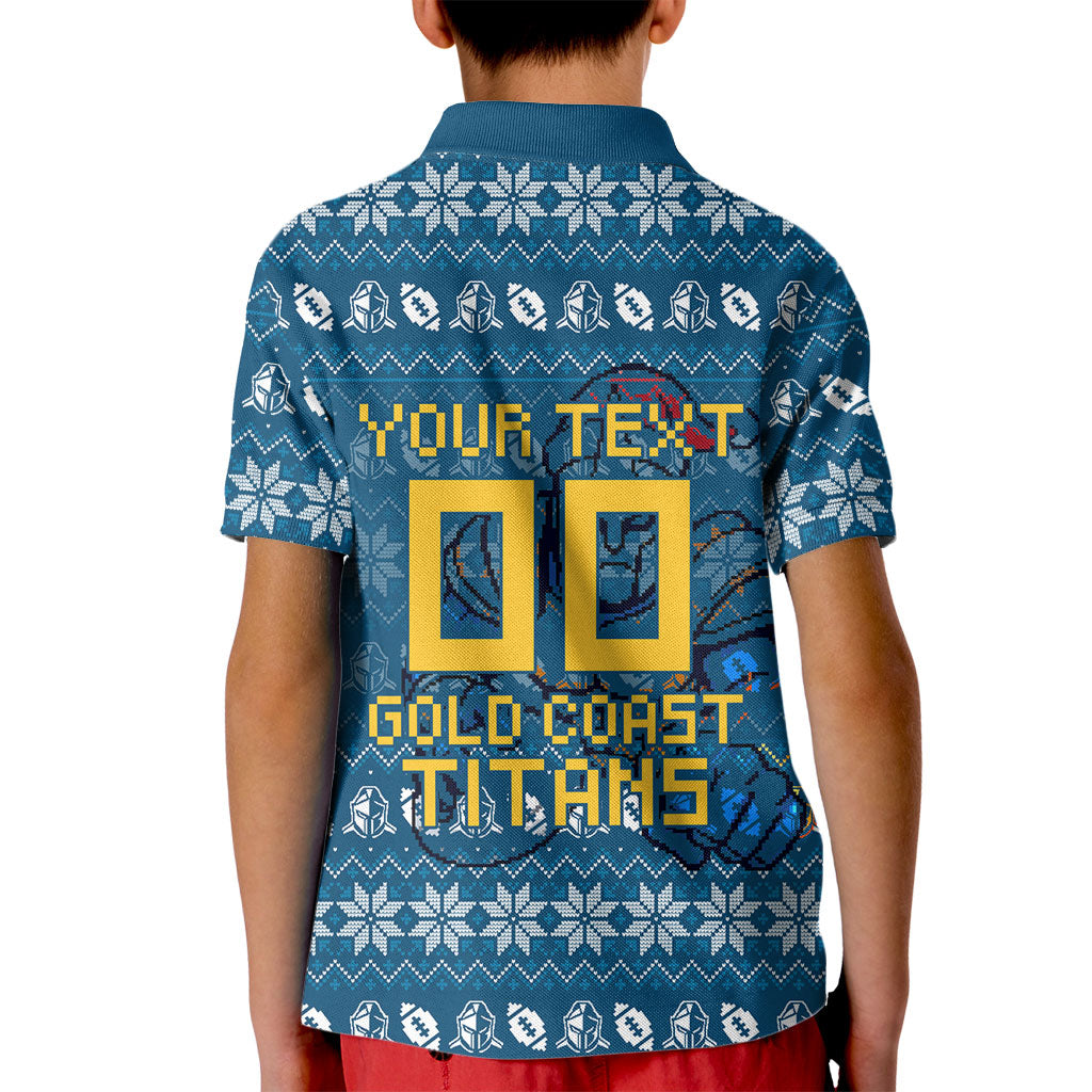 Personalized Gold Coast Titans Christmas Kid Polo Shirt Australian Rugby Fans - Pixelated Ugly Xmas Pattern Mascot Santa