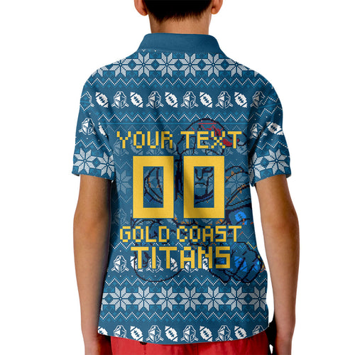 Personalized Gold Coast Titans Christmas Kid Polo Shirt Australian Rugby Fans - Pixelated Ugly Xmas Pattern Mascot Santa