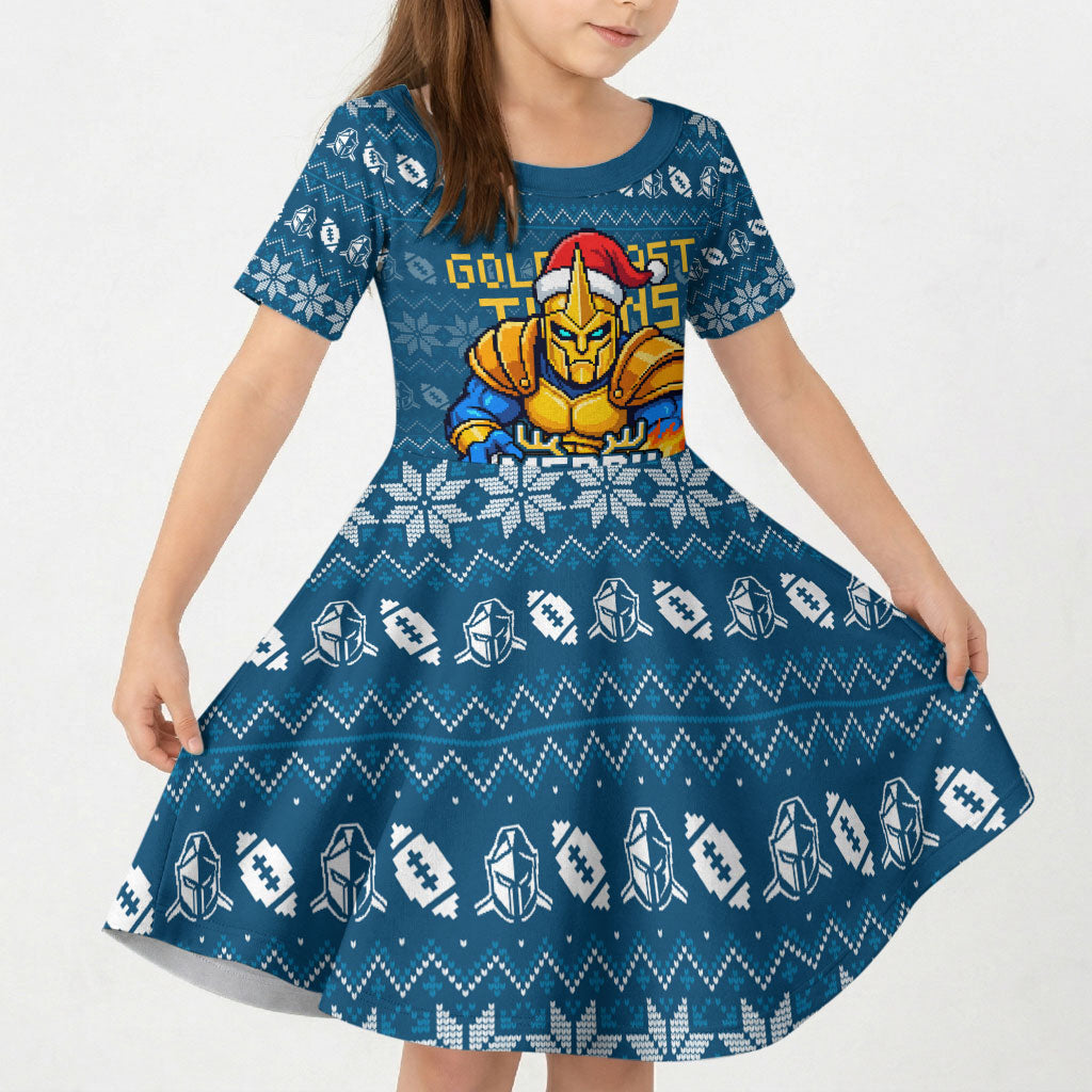 Personalized Gold Coast Titans Christmas Kid Short Sleeve Dress Australian Rugby Fans - Pixelated Ugly Xmas Pattern Mascot Santa