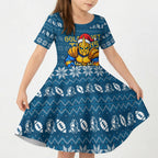 Personalized Gold Coast Titans Christmas Kid Short Sleeve Dress Australian Rugby Fans - Pixelated Ugly Xmas Pattern Mascot Santa