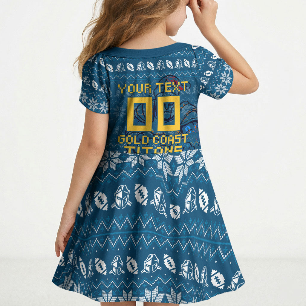 Personalized Gold Coast Titans Christmas Kid Short Sleeve Dress Australian Rugby Fans - Pixelated Ugly Xmas Pattern Mascot Santa