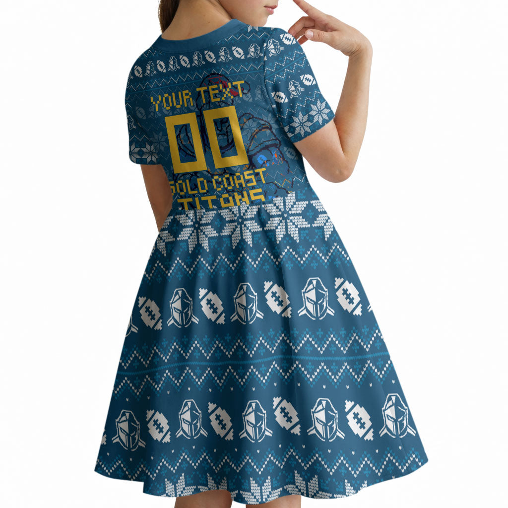 Personalized Gold Coast Titans Christmas Kid Short Sleeve Dress Australian Rugby Fans - Pixelated Ugly Xmas Pattern Mascot Santa