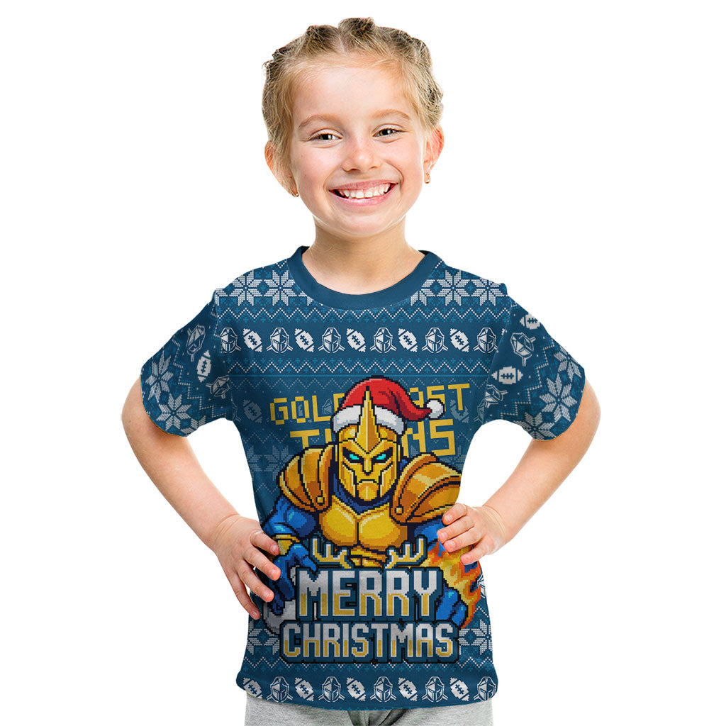 Personalized Gold Coast Titans Christmas Kid T Shirt Australian Rugby Fans - Pixelated Ugly Xmas Pattern Mascot Santa