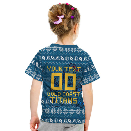 Personalized Gold Coast Titans Christmas Kid T Shirt Australian Rugby Fans - Pixelated Ugly Xmas Pattern Mascot Santa