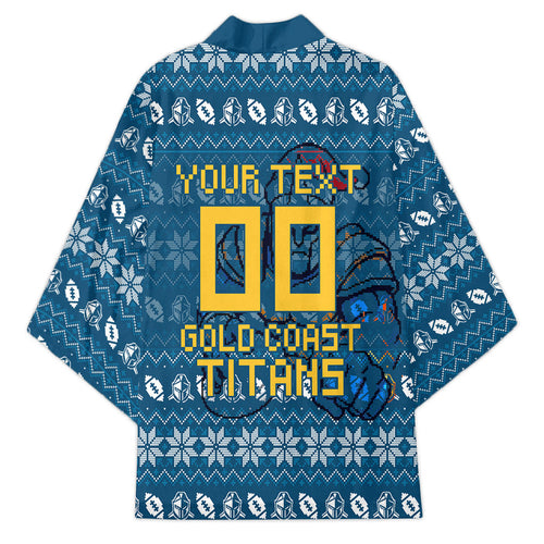 Personalized Gold Coast Titans Christmas Kimono Australian Rugby Fans - Pixelated Ugly Xmas Pattern Mascot Santa