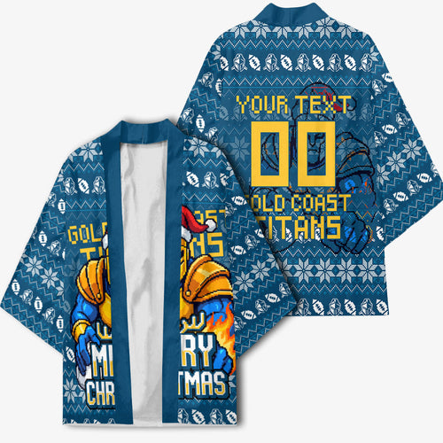Personalized Gold Coast Titans Christmas Kimono Australian Rugby Fans - Pixelated Ugly Xmas Pattern Mascot Santa