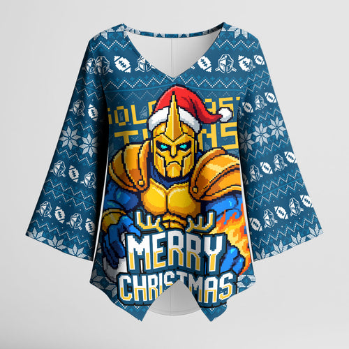Personalized Gold Coast Titans Christmas Kimono Sleeve Blouse Australian Rugby Fans - Pixelated Ugly Xmas Pattern Mascot Santa