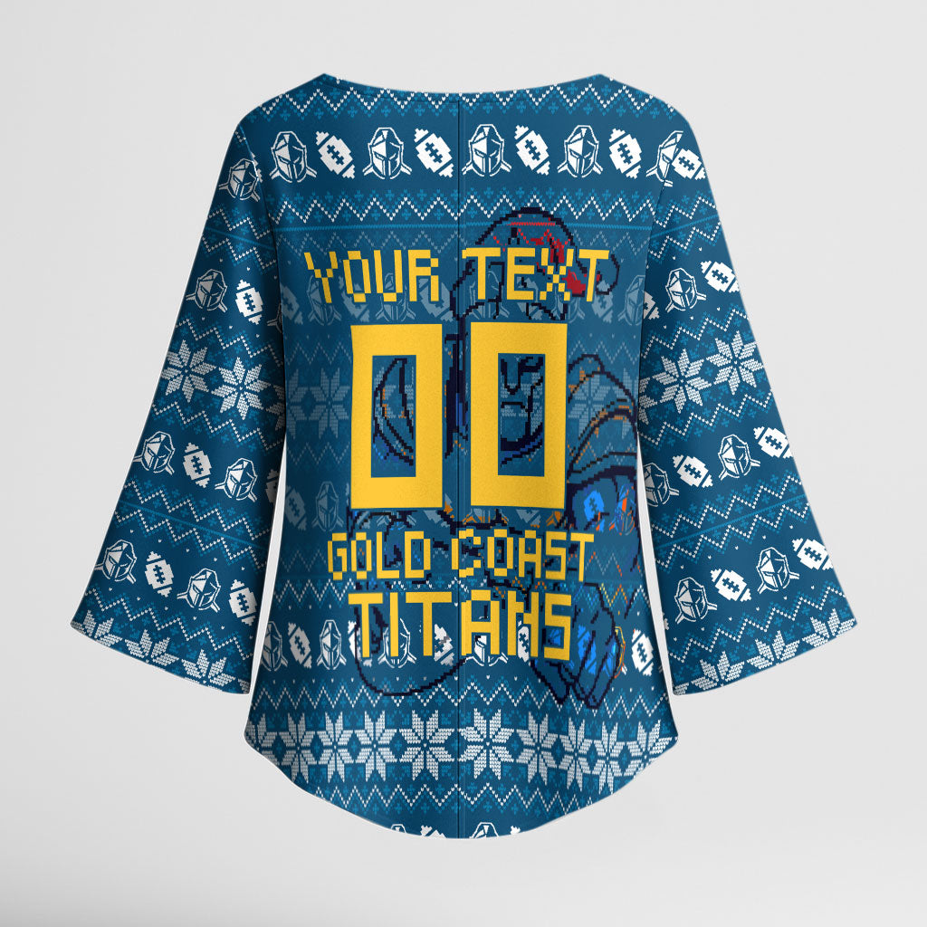 Personalized Gold Coast Titans Christmas Kimono Sleeve Blouse Australian Rugby Fans - Pixelated Ugly Xmas Pattern Mascot Santa