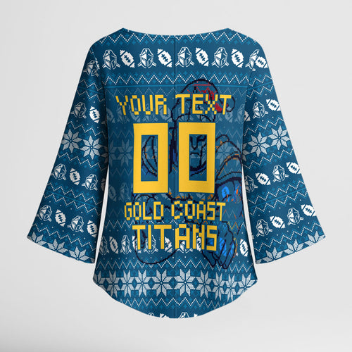 Personalized Gold Coast Titans Christmas Kimono Sleeve Blouse Australian Rugby Fans - Pixelated Ugly Xmas Pattern Mascot Santa