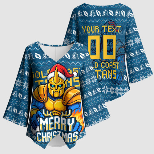 Personalized Gold Coast Titans Christmas Kimono Sleeve Blouse Australian Rugby Fans - Pixelated Ugly Xmas Pattern Mascot Santa