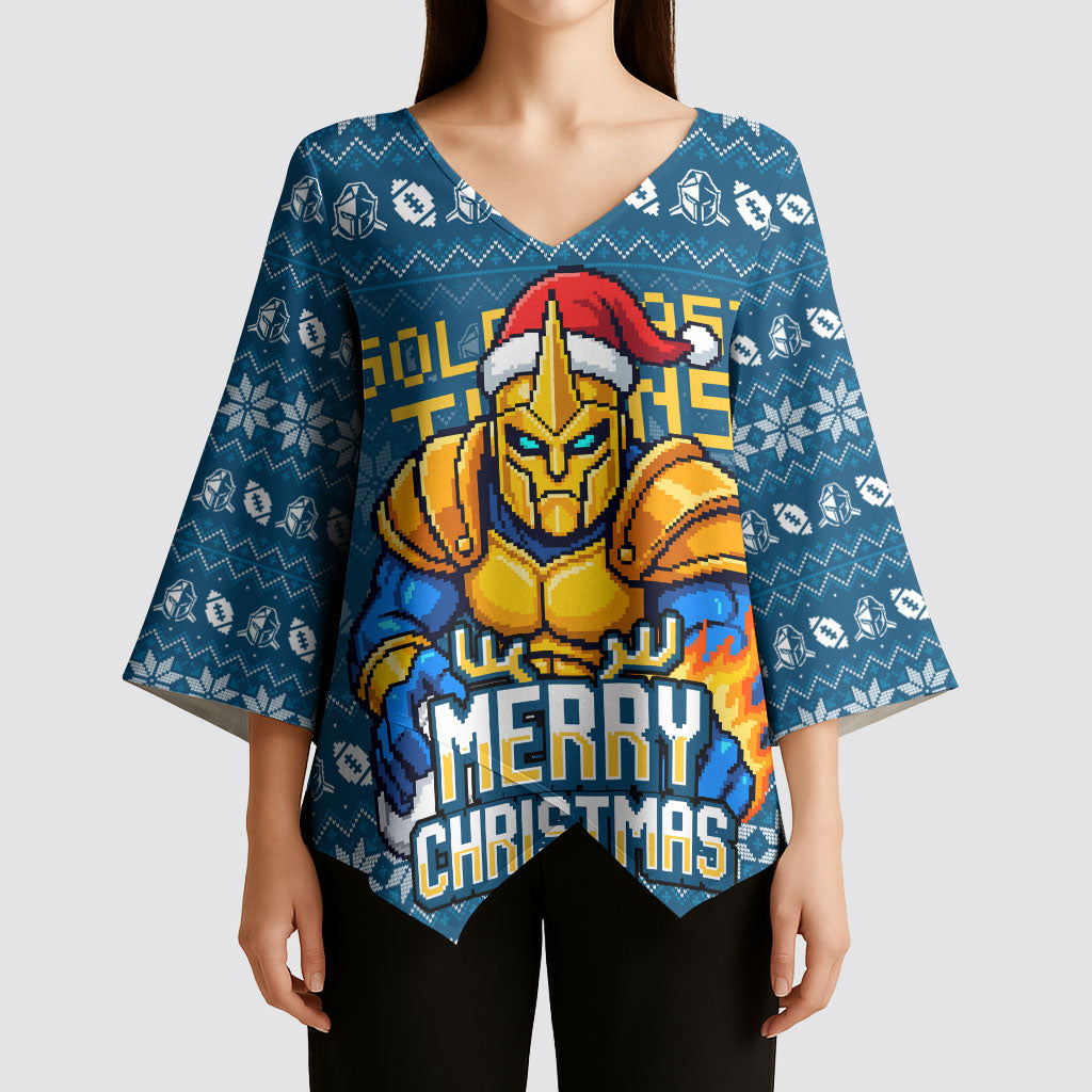 Personalized Gold Coast Titans Christmas Kimono Sleeve Blouse Australian Rugby Fans - Pixelated Ugly Xmas Pattern Mascot Santa
