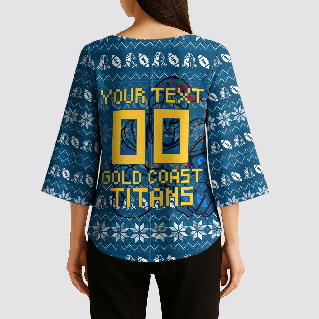 Personalized Gold Coast Titans Christmas Kimono Sleeve Blouse Australian Rugby Fans - Pixelated Ugly Xmas Pattern Mascot Santa