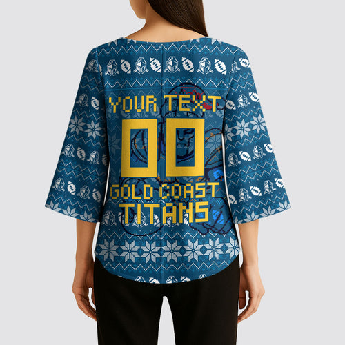 Personalized Gold Coast Titans Christmas Kimono Sleeve Blouse Australian Rugby Fans - Pixelated Ugly Xmas Pattern Mascot Santa