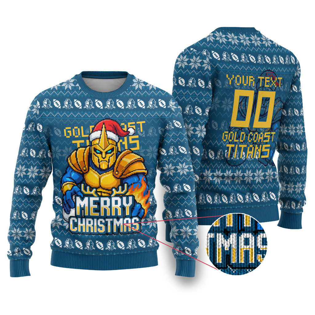 Personalized Gold Coast Titans Christmas Ugly Christmas Sweater Australian Rugby Fans - Pixelated Ugly Xmas Pattern Mascot Santa