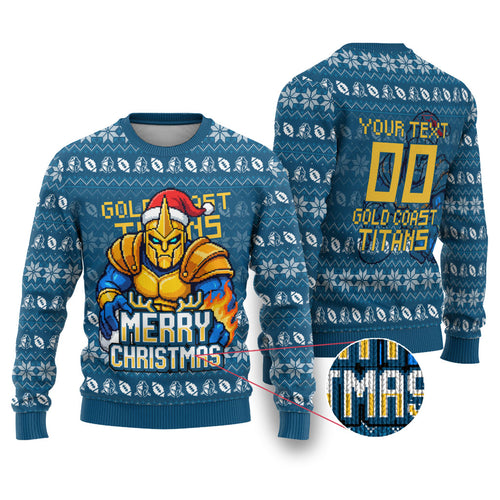 Personalized Gold Coast Titans Christmas Ugly Christmas Sweater Australian Rugby Fans - Pixelated Ugly Xmas Pattern Mascot Santa