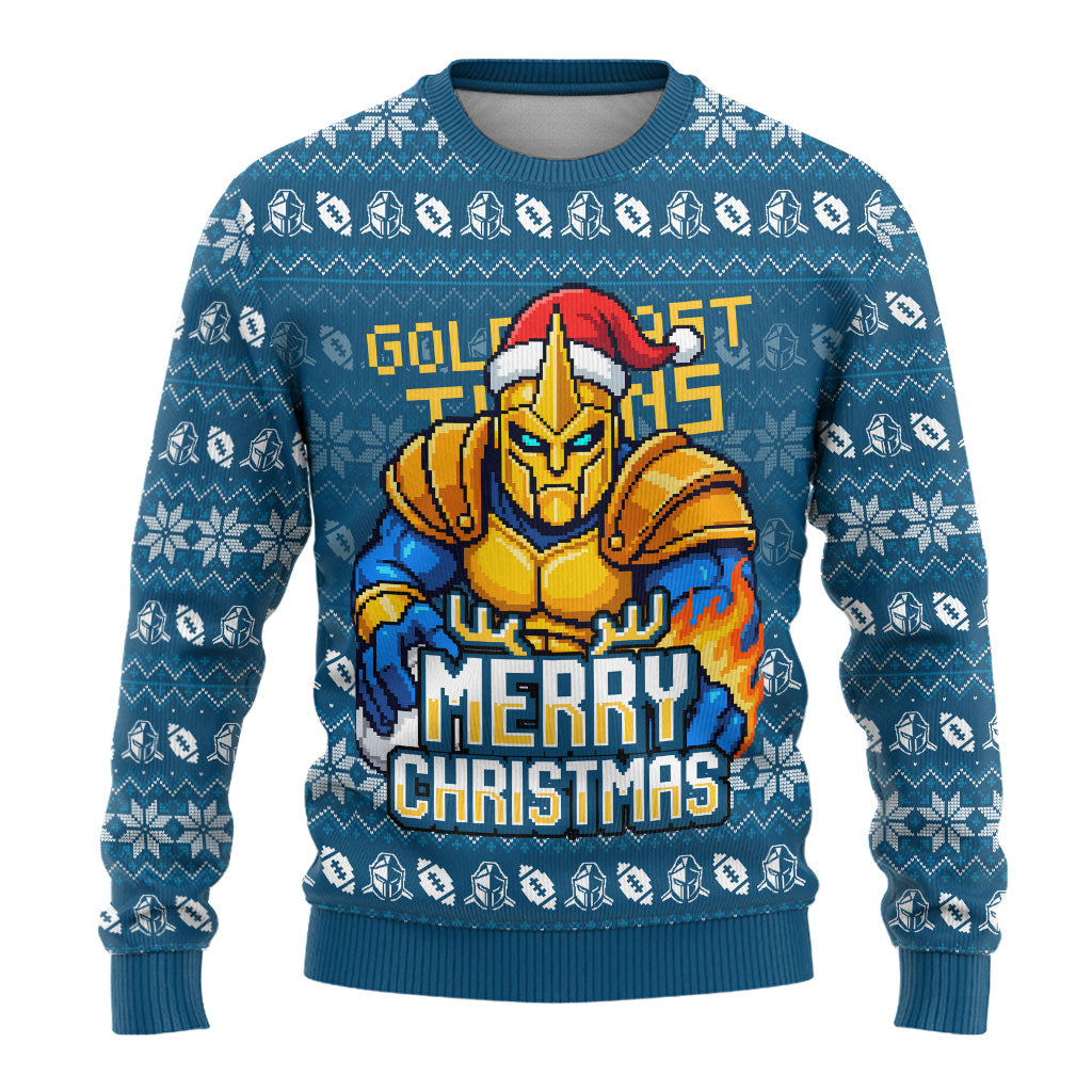 Personalized Gold Coast Titans Christmas Ugly Christmas Sweater Australian Rugby Fans - Pixelated Ugly Xmas Pattern Mascot Santa