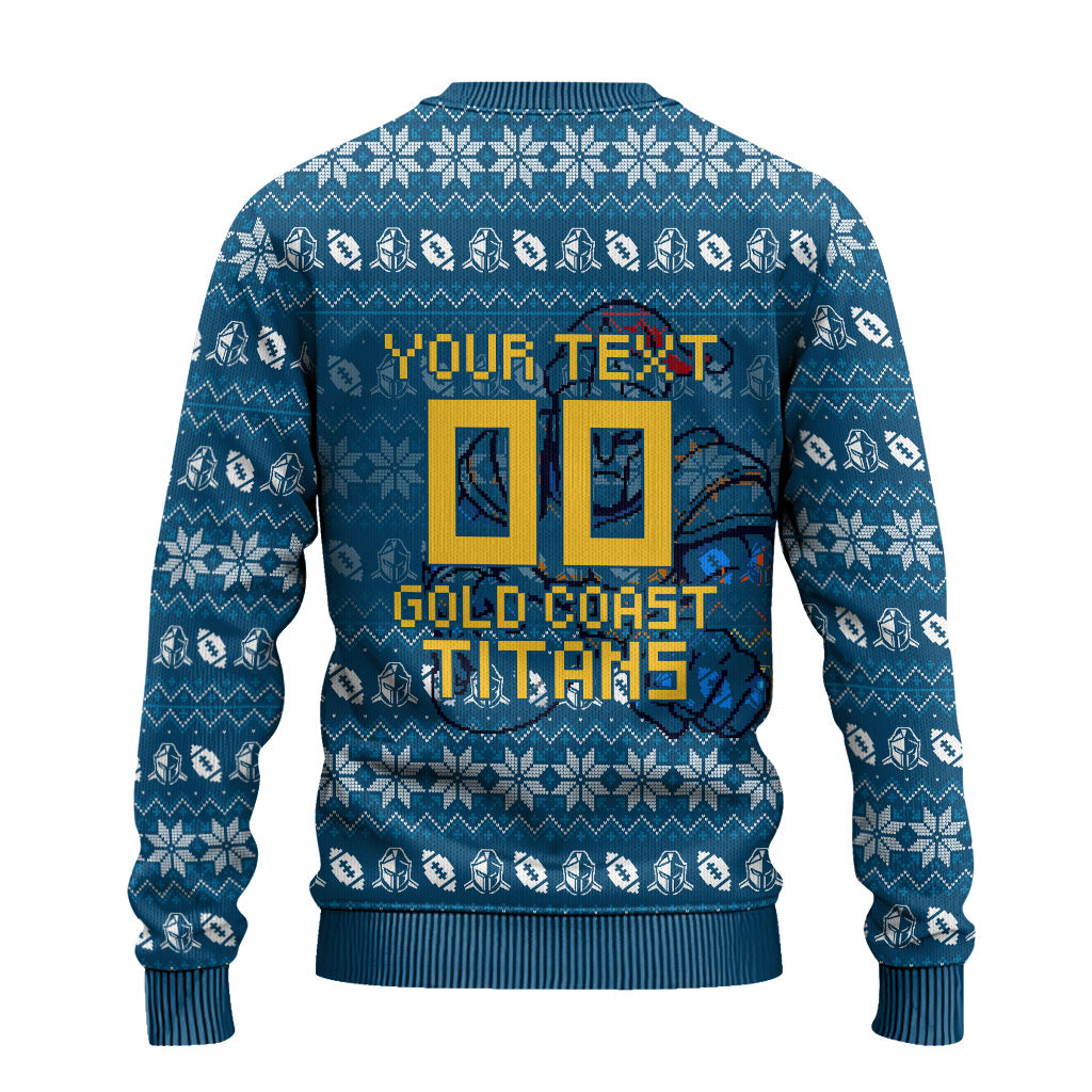 Personalized Gold Coast Titans Christmas Ugly Christmas Sweater Australian Rugby Fans - Pixelated Ugly Xmas Pattern Mascot Santa