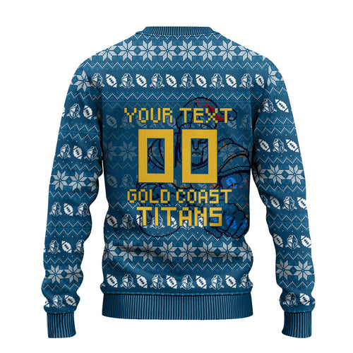 Personalized Gold Coast Titans Christmas Ugly Christmas Sweater Australian Rugby Fans - Pixelated Ugly Xmas Pattern Mascot Santa