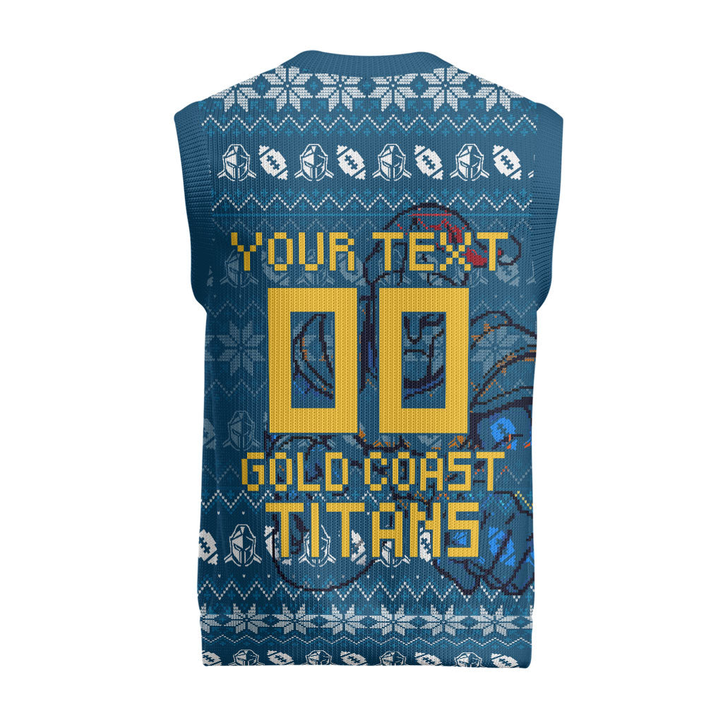 Personalized Gold Coast Titans Christmas Knitted V-Neck Vest Australian Rugby Fans - Pixelated Ugly Xmas Pattern Mascot Santa