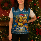Personalized Gold Coast Titans Christmas Knitted V-Neck Vest Australian Rugby Fans - Pixelated Ugly Xmas Pattern Mascot Santa