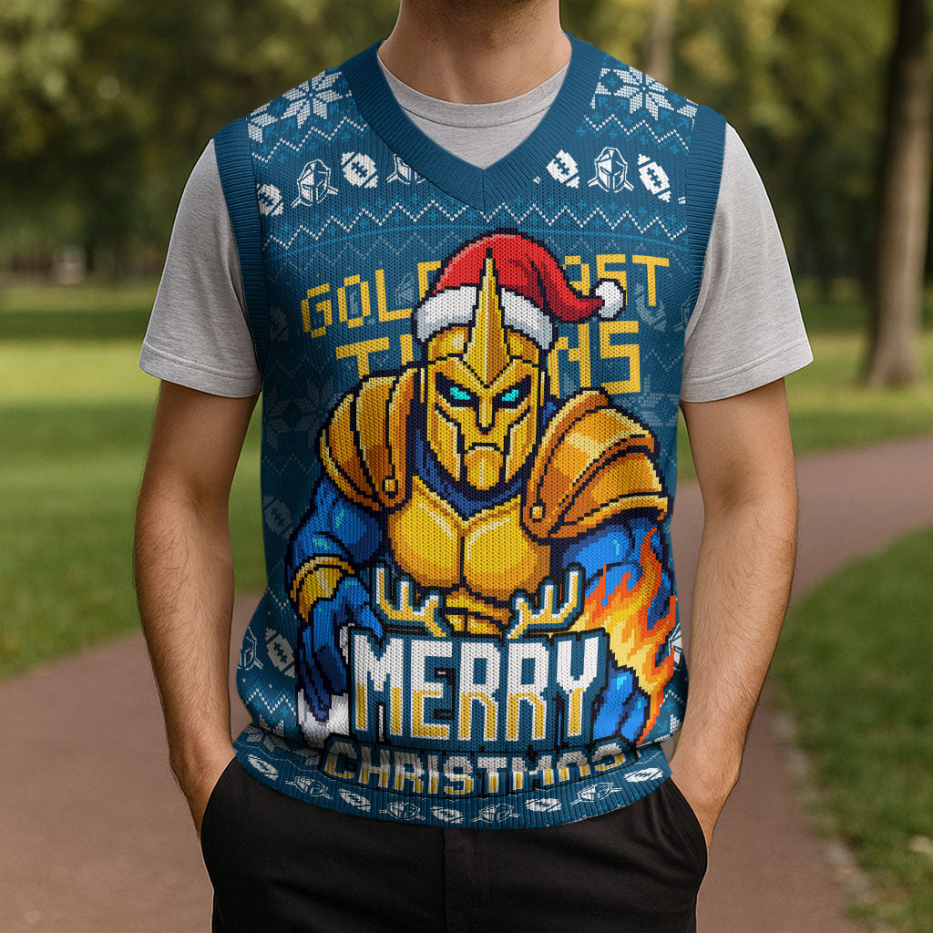 Personalized Gold Coast Titans Christmas Knitted V-Neck Vest Australian Rugby Fans - Pixelated Ugly Xmas Pattern Mascot Santa