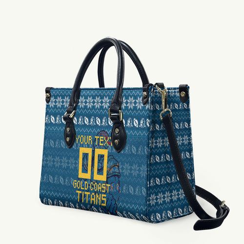 Personalized Gold Coast Titans Christmas Leather Bag Australian Rugby Fans - Pixelated Ugly Xmas Pattern Mascot Santa