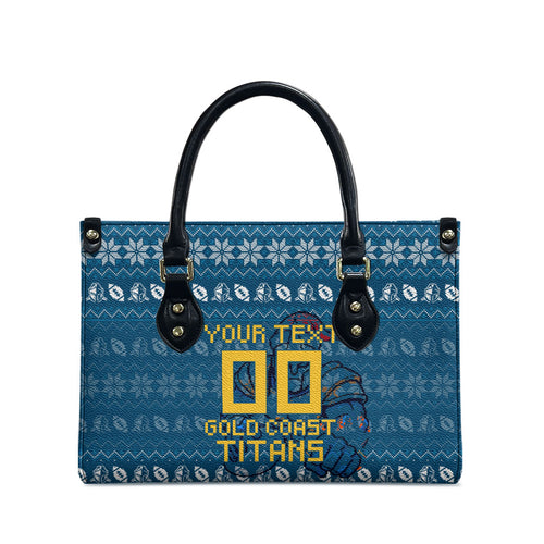 Personalized Gold Coast Titans Christmas Leather Bag Australian Rugby Fans - Pixelated Ugly Xmas Pattern Mascot Santa