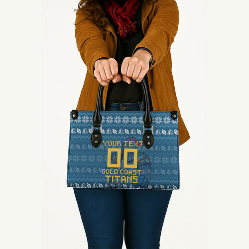 Personalized Gold Coast Titans Christmas Leather Bag Australian Rugby Fans - Pixelated Ugly Xmas Pattern Mascot Santa