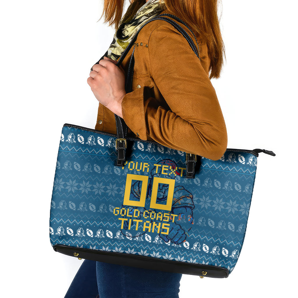 Personalized Gold Coast Titans Christmas Leather Tote Bag Australian Rugby Fans - Pixelated Ugly Xmas Pattern Mascot Santa