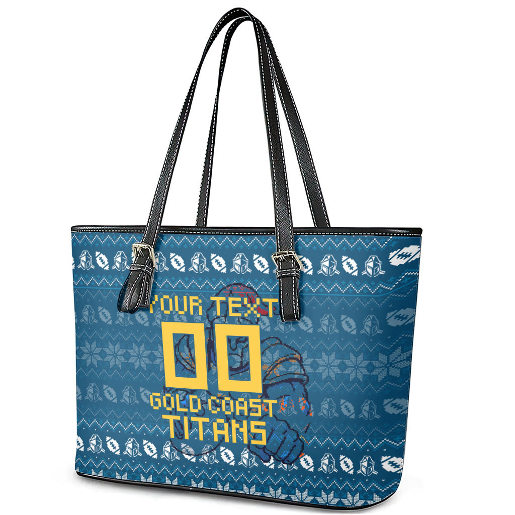 Personalized Gold Coast Titans Christmas Leather Tote Bag Australian Rugby Fans - Pixelated Ugly Xmas Pattern Mascot Santa