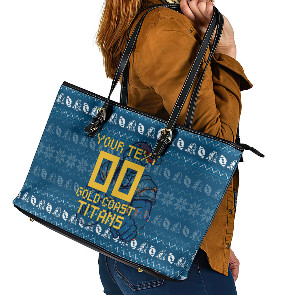 Personalized Gold Coast Titans Christmas Leather Tote Bag Australian Rugby Fans - Pixelated Ugly Xmas Pattern Mascot Santa