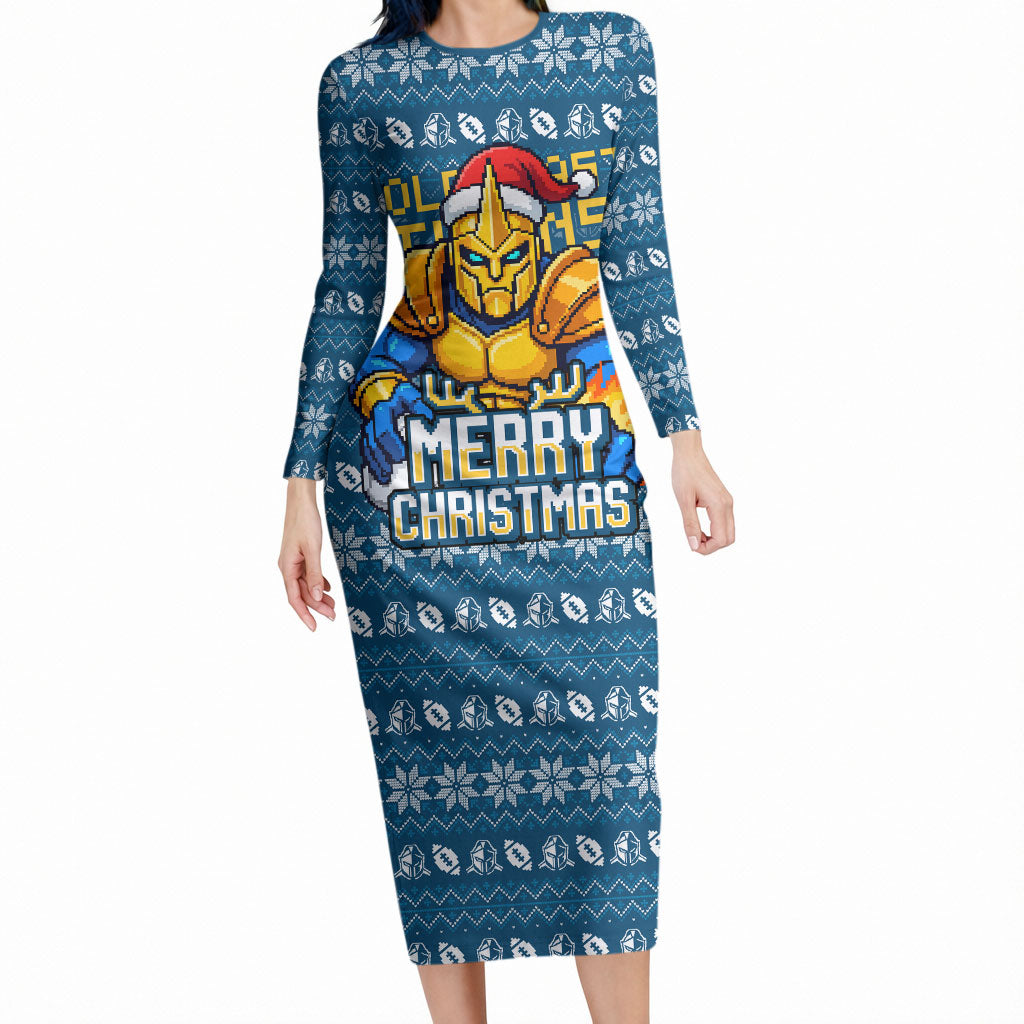 Personalized Gold Coast Titans Christmas Long Sleeve Bodycon Dress Australian Rugby Fans - Pixelated Ugly Xmas Pattern Mascot Santa