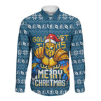 Personalized Gold Coast Titans Christmas Long Sleeve Button Shirt Australian Rugby Fans - Pixelated Ugly Xmas Pattern Mascot Santa