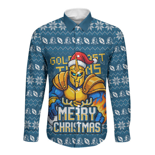 Personalized Gold Coast Titans Christmas Long Sleeve Button Shirt Australian Rugby Fans - Pixelated Ugly Xmas Pattern Mascot Santa