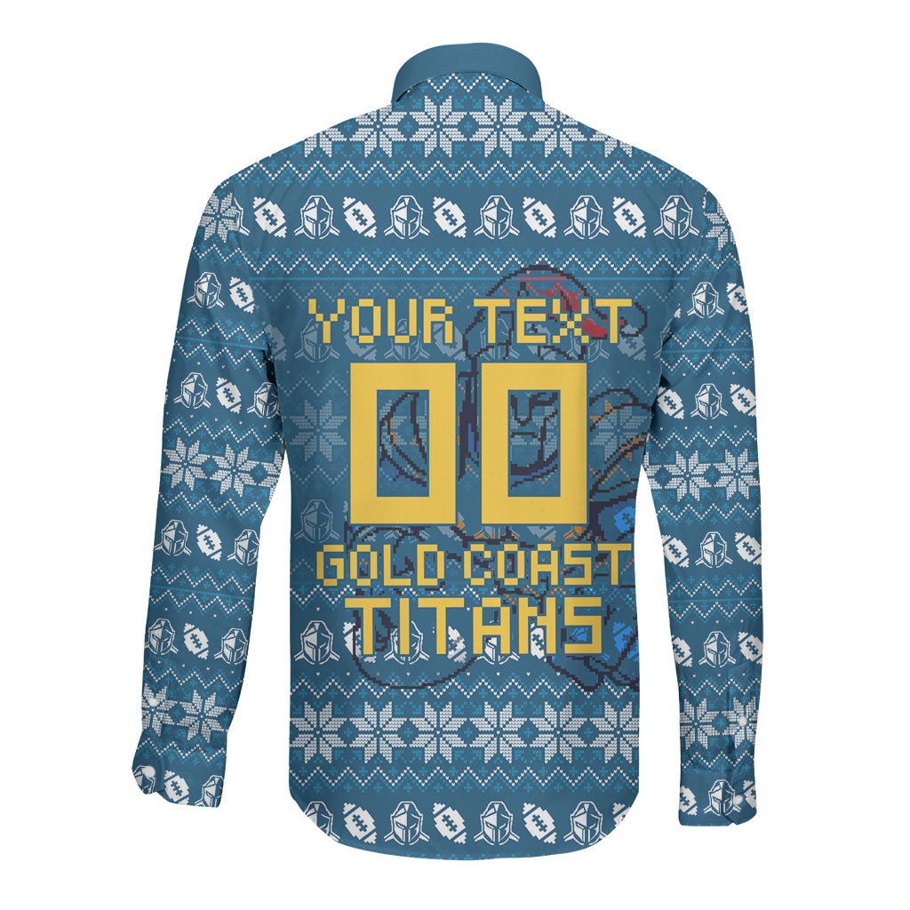 Personalized Gold Coast Titans Christmas Long Sleeve Button Shirt Australian Rugby Fans - Pixelated Ugly Xmas Pattern Mascot Santa