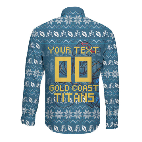 Personalized Gold Coast Titans Christmas Long Sleeve Button Shirt Australian Rugby Fans - Pixelated Ugly Xmas Pattern Mascot Santa