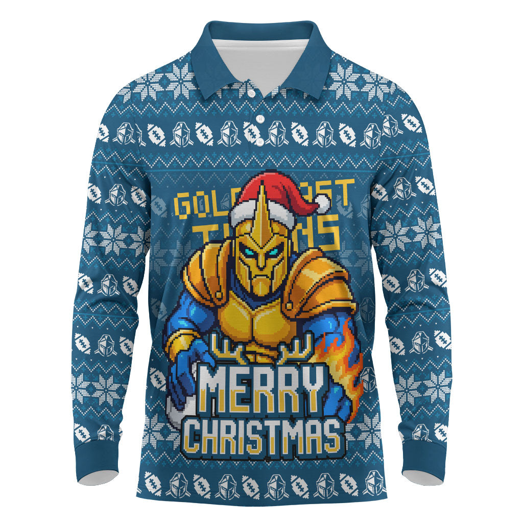 Personalized Gold Coast Titans Christmas Long Sleeve Polo Shirt Australian Rugby Fans - Pixelated Ugly Xmas Pattern Mascot Santa