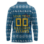 Personalized Gold Coast Titans Christmas Long Sleeve Polo Shirt Australian Rugby Fans - Pixelated Ugly Xmas Pattern Mascot Santa
