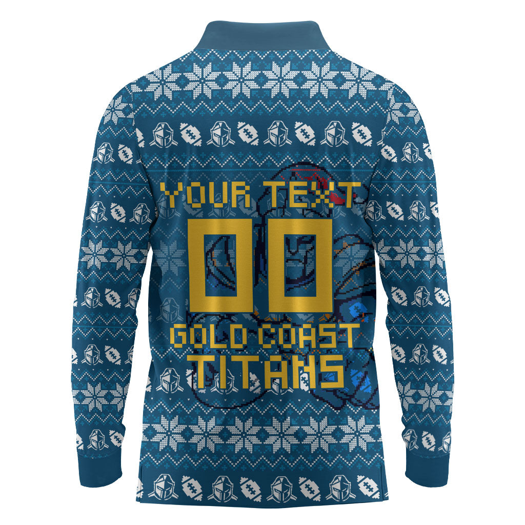 Personalized Gold Coast Titans Christmas Long Sleeve Polo Shirt Australian Rugby Fans - Pixelated Ugly Xmas Pattern Mascot Santa