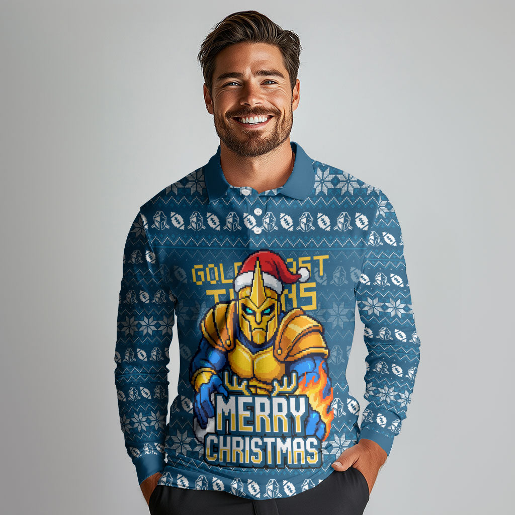 Personalized Gold Coast Titans Christmas Long Sleeve Polo Shirt Australian Rugby Fans - Pixelated Ugly Xmas Pattern Mascot Santa
