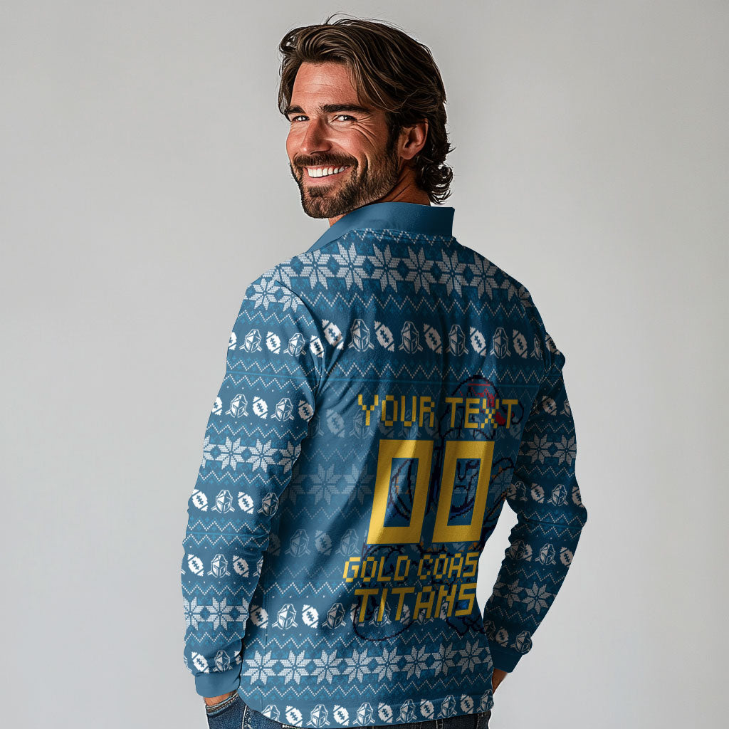 Personalized Gold Coast Titans Christmas Long Sleeve Polo Shirt Australian Rugby Fans - Pixelated Ugly Xmas Pattern Mascot Santa