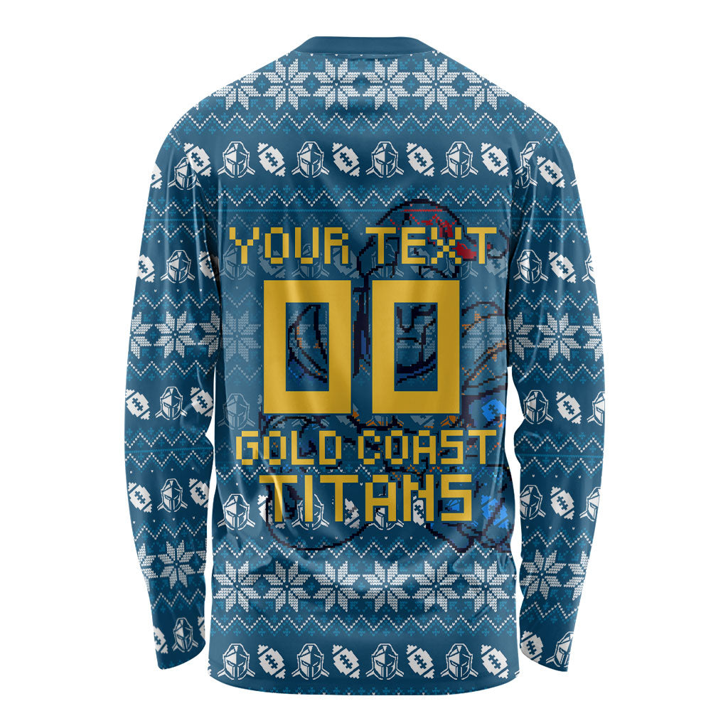 Personalized Gold Coast Titans Christmas Long Sleeve Shirt Australian Rugby Fans - Pixelated Ugly Xmas Pattern Mascot Santa