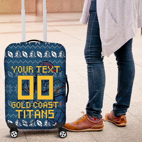 Personalized Gold Coast Titans Christmas Luggage Cover Australian Rugby Fans - Pixelated Ugly Xmas Pattern Mascot Santa