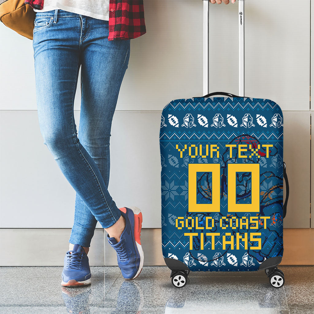 Personalized Gold Coast Titans Christmas Luggage Cover Australian Rugby Fans - Pixelated Ugly Xmas Pattern Mascot Santa