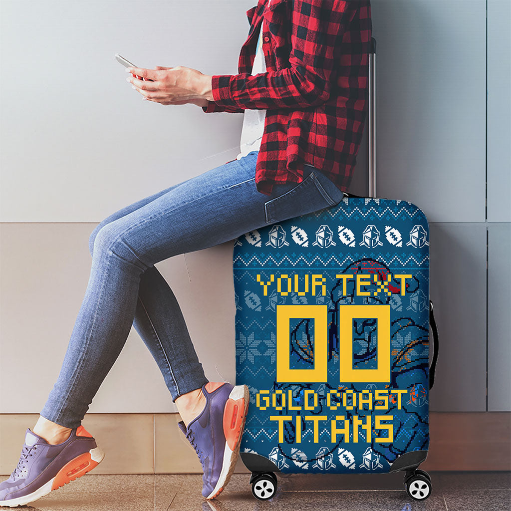 Personalized Gold Coast Titans Christmas Luggage Cover Australian Rugby Fans - Pixelated Ugly Xmas Pattern Mascot Santa