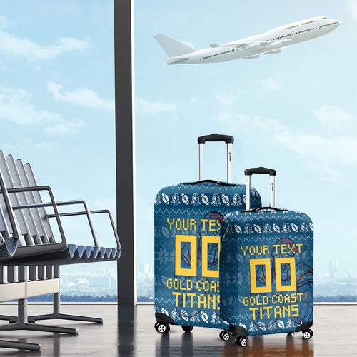 Personalized Gold Coast Titans Christmas Luggage Cover Australian Rugby Fans - Pixelated Ugly Xmas Pattern Mascot Santa