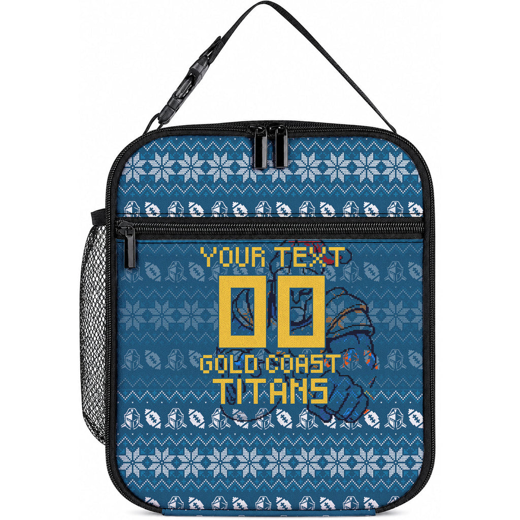 Personalized Gold Coast Titans Christmas Lunch Bag Australian Rugby Fans - Pixelated Ugly Xmas Pattern Mascot Santa